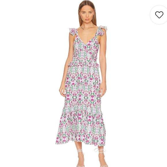 MISA x Revolve Morrison Floral Cotton Strappy Tiered Spring Fuschia Midi Dress - Picture 1 of 15